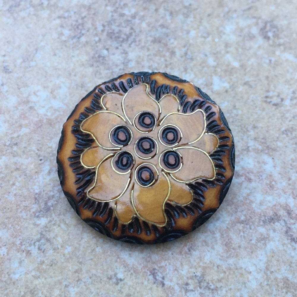 Vintage Polish Wood Handcrafted Carved Flower Wood Inlaid Folk Art Brooch Pin